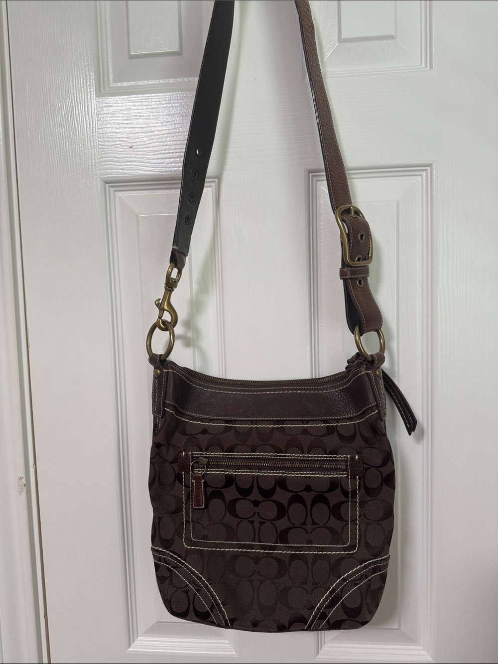 Coach Brown Signature Canvas Crossbody with Leather Trim